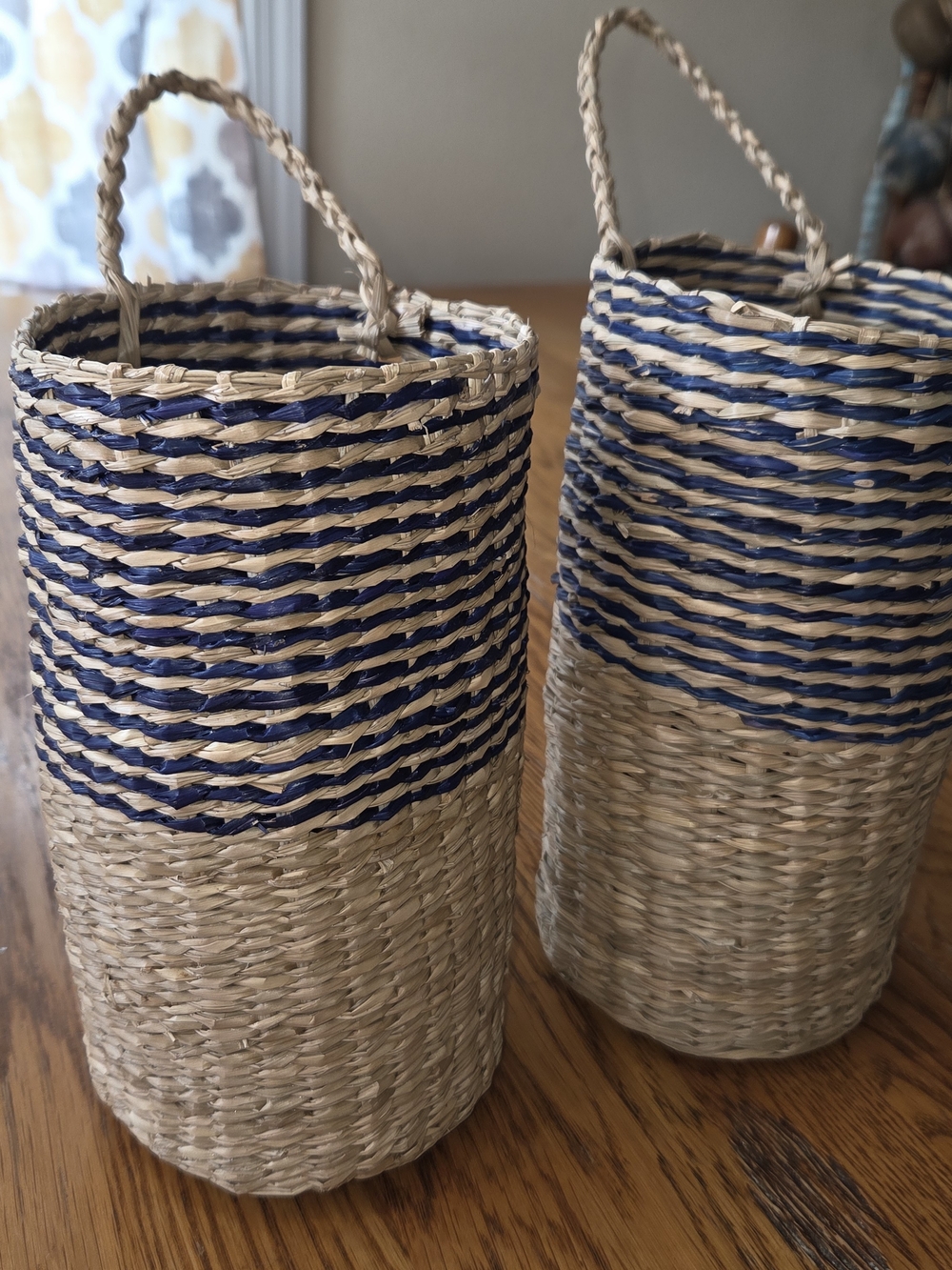 Vintage Handwoven Blue and Natural Seagrass  Wall Hanging Basket Pair. CP